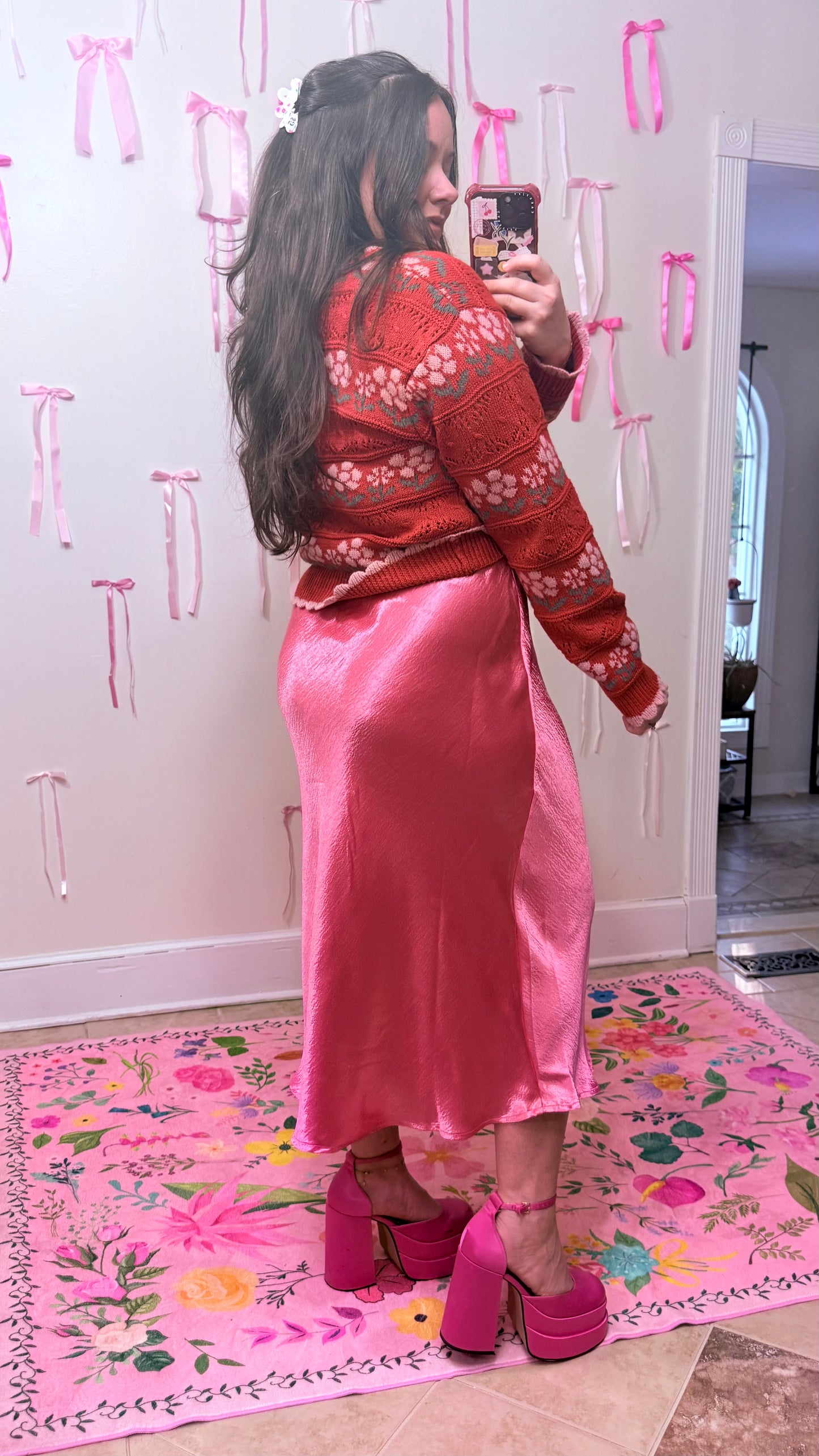 Rose Pink Satin Midi Skirt