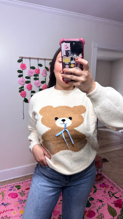 Teddy Love Knit Sweater – Cream Bear Pullover with Blue Ribbon Detail