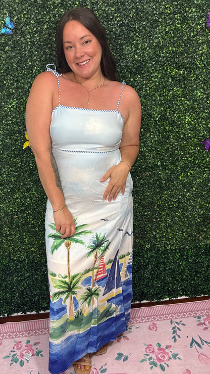 Coastal Sailboat Print Tie Strap Maxi Dress