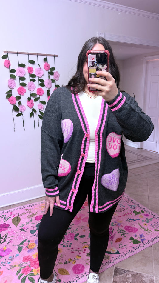 Candy Heart Cardi – Chenille Patch Valentine Cardigan