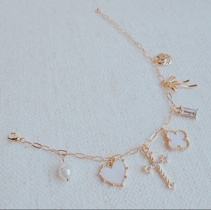 Cross Clover Charm Bracelet – Gold Plated Romantic Multi-Charm Jewelry