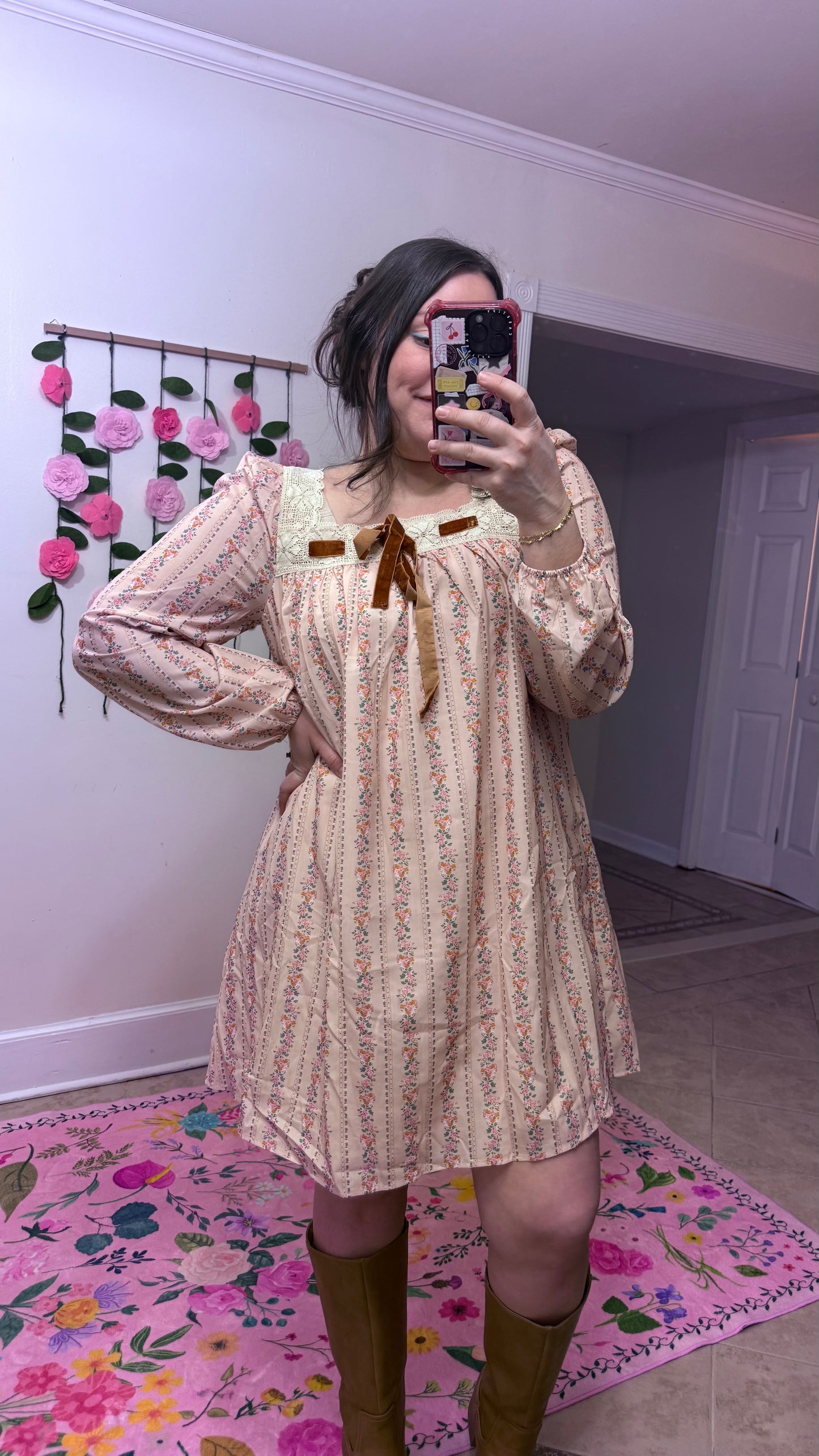 Velvet Bow Blossom Dress – Floral Long Sleeve Mini Dress with Lace Trim