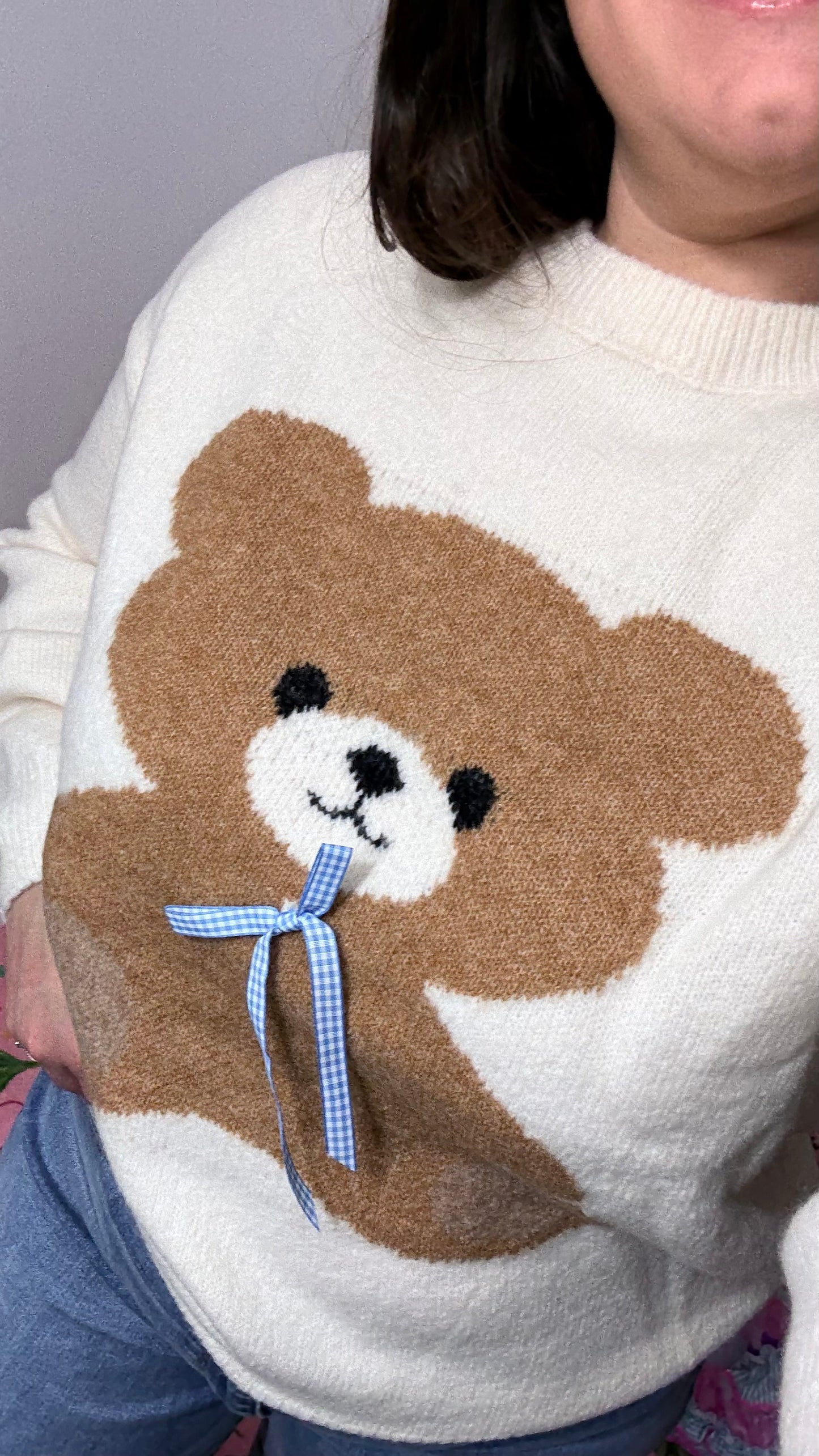 Teddy Love Knit Sweater – Cream Bear Pullover with Blue Ribbon Detail