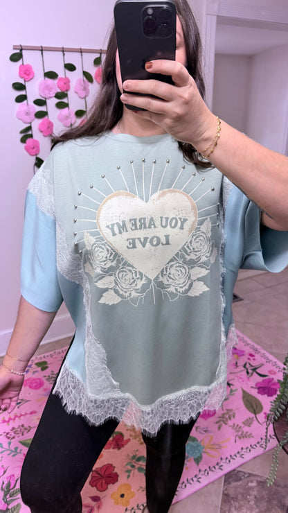 You Are My Love Graphic Lace Top – Sage Blue Short Sleeve