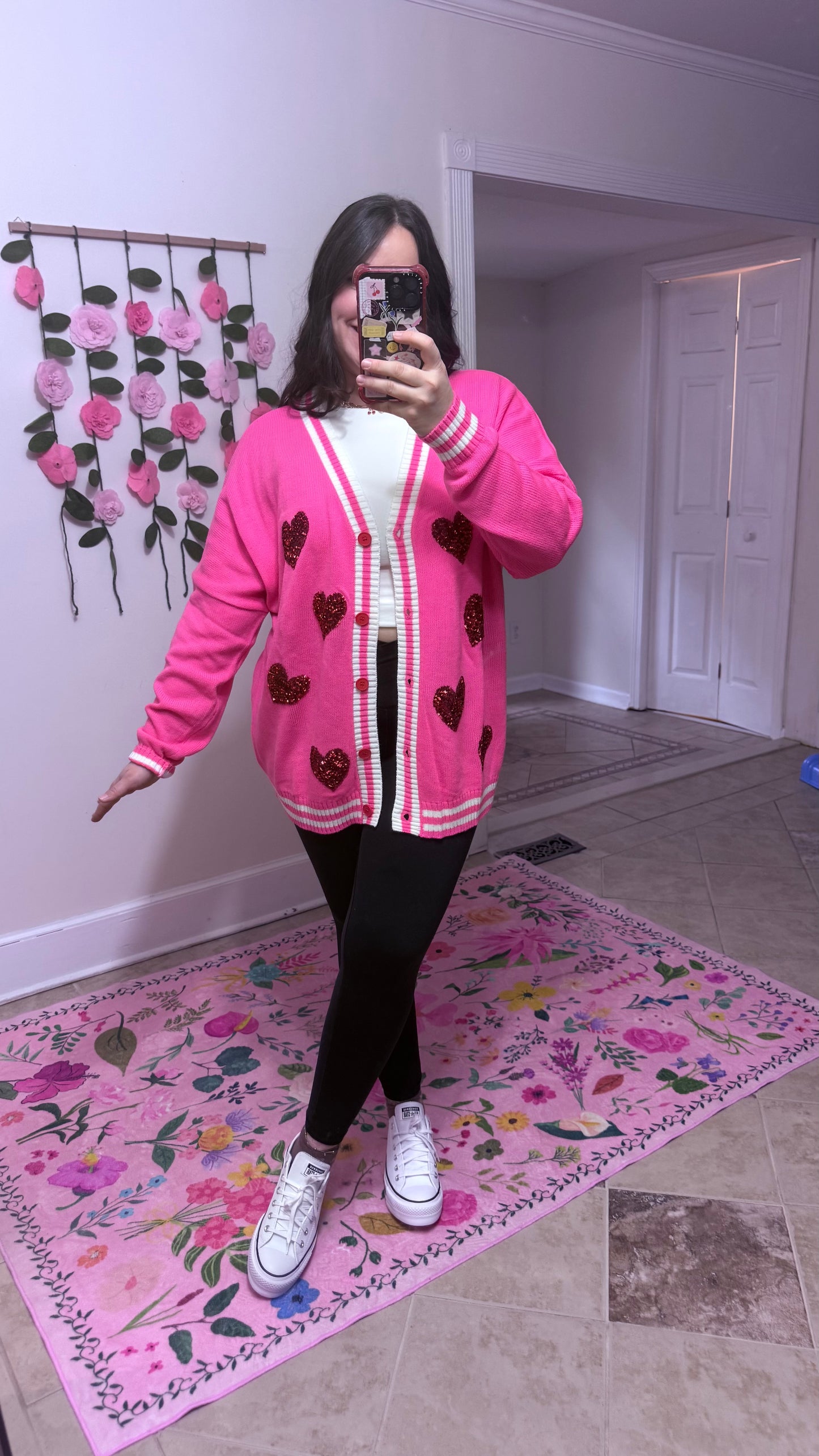 Happy Heart Sequin Cardi – Pink Valentine Cardigan
