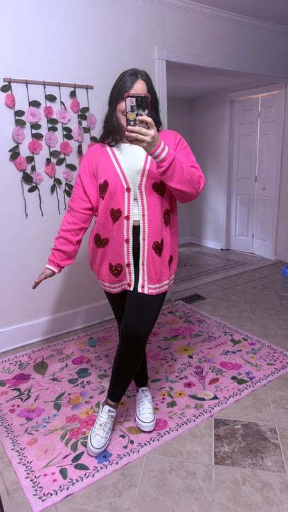 Happy Heart Sequin Cardi – Pink Valentine Cardigan