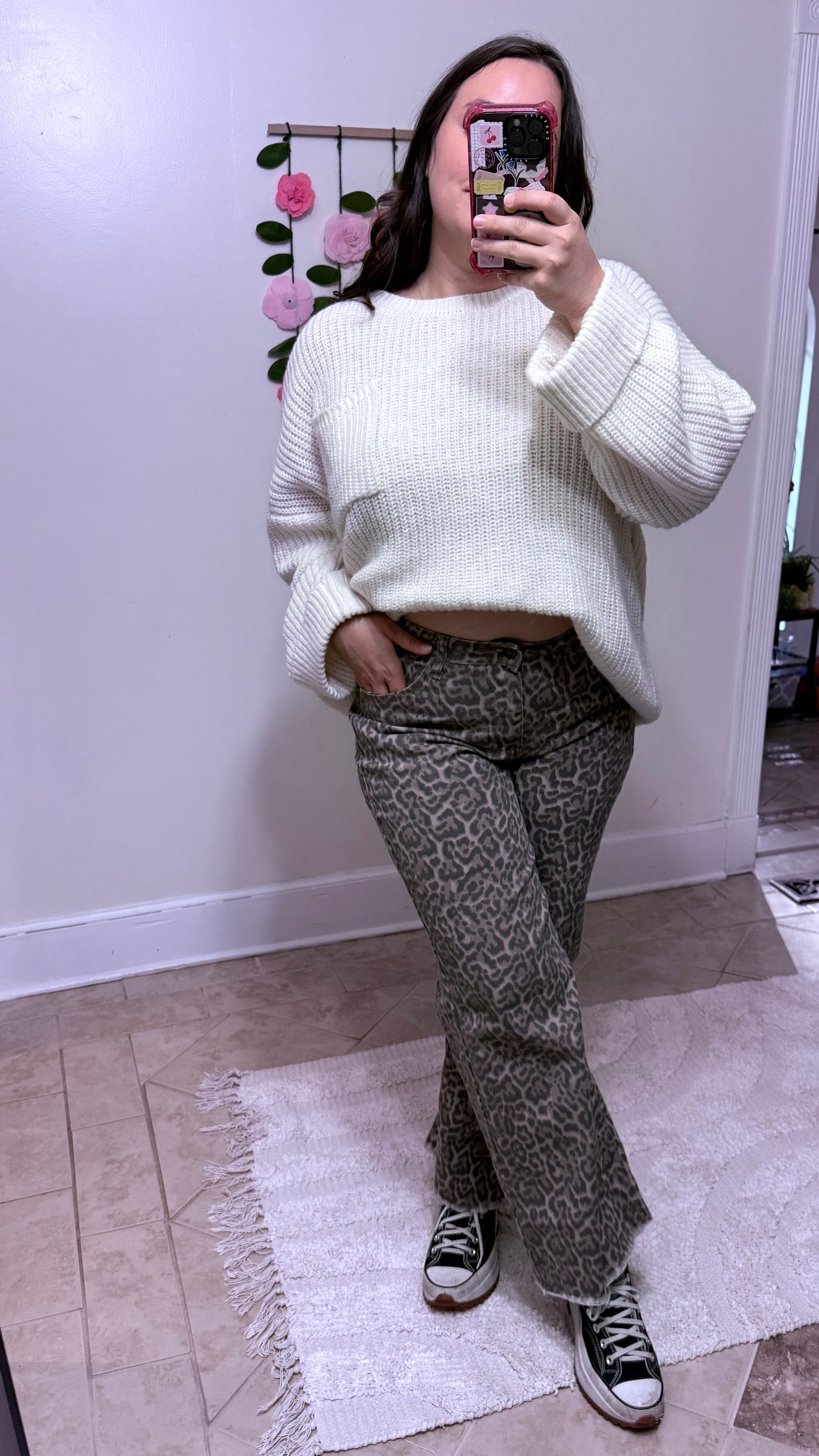 Leopard Print Wide Leg High Waist Jeans – Frayed Hem Denim Pants