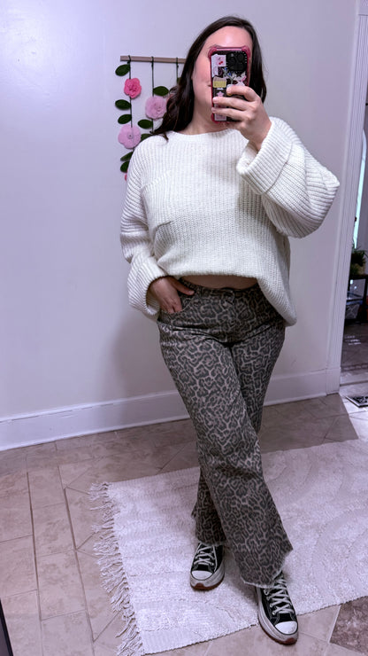 Leopard Print Wide Leg High Waist Jeans – Frayed Hem Denim Pants