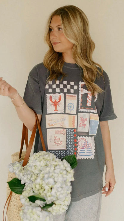 Seas the Day Coastal Graphic Tee – Vintage Postcard Beach T-Shirt (S–3XL)