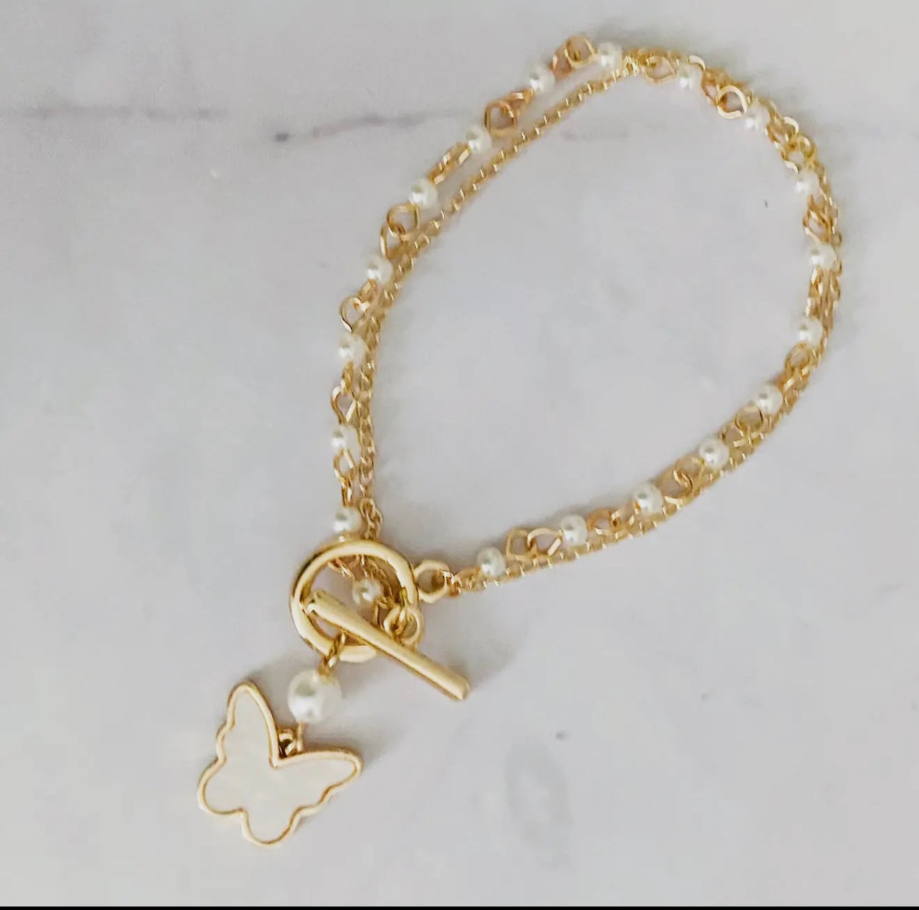 Layered Pearl Chain Butterfly Bracelet