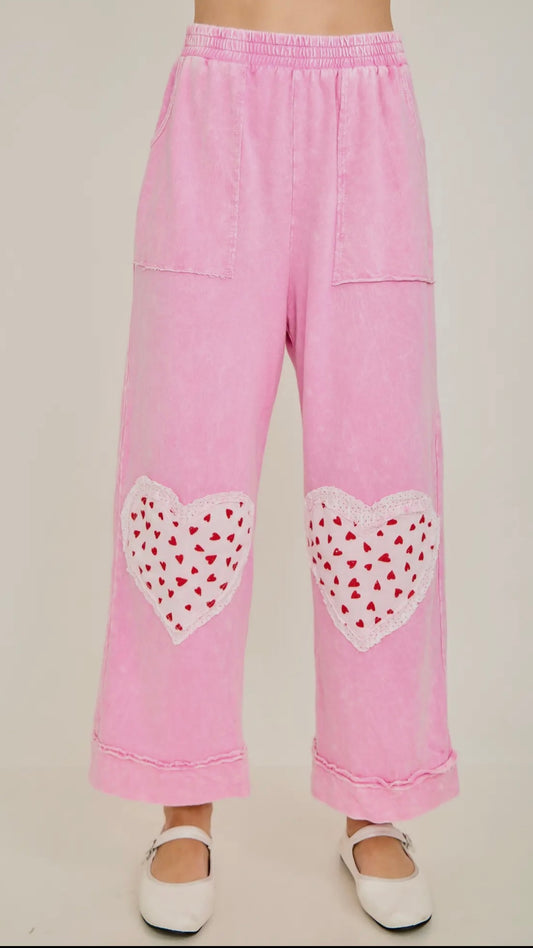 Bubblegum Pink Mineral Wash Heart Patch Cropped Pants