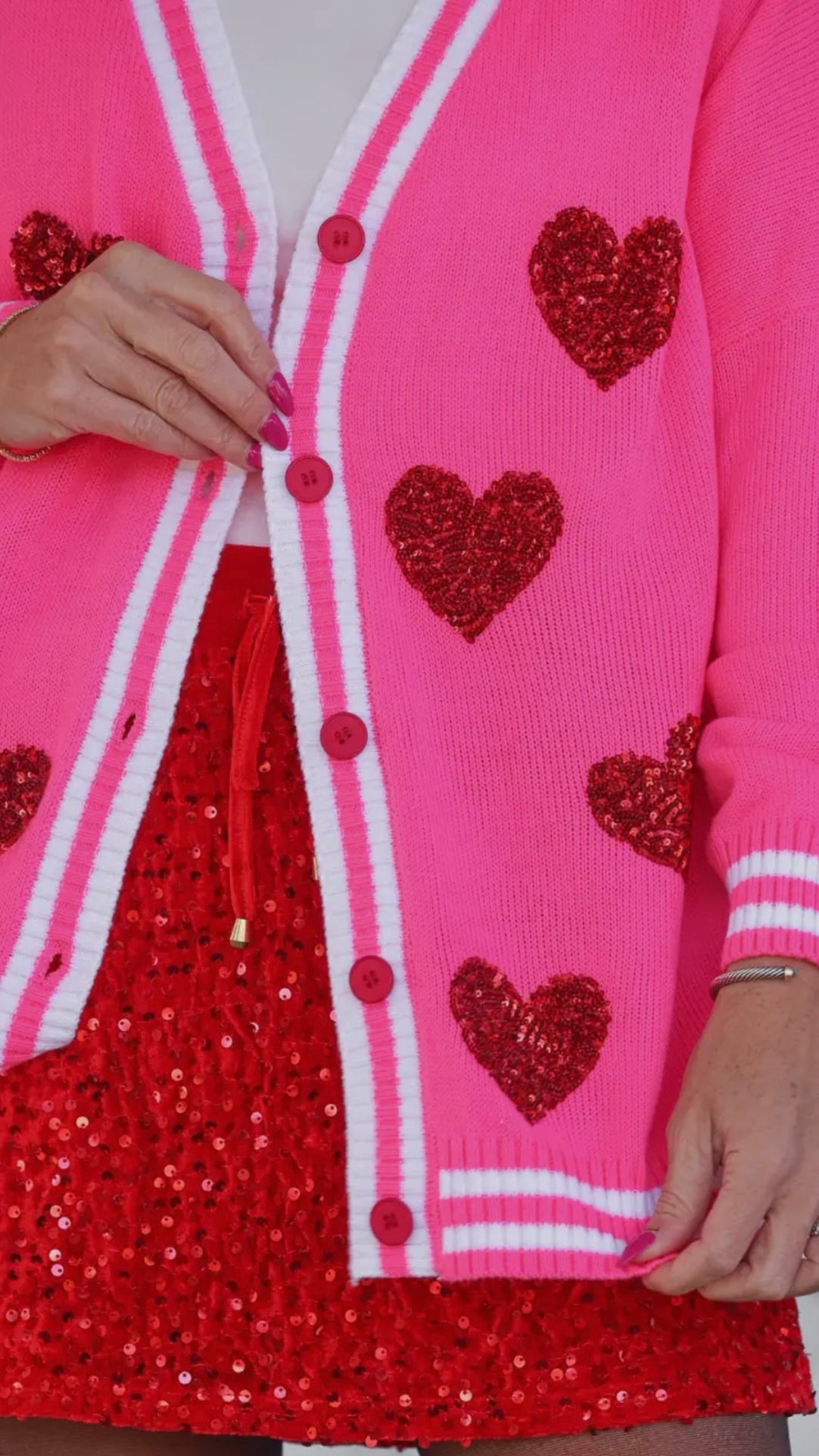 Happy Heart Sequin Cardi – Pink Valentine Cardigan