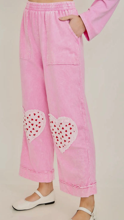 Bubblegum Pink Mineral Wash Heart Patch Cropped Pants