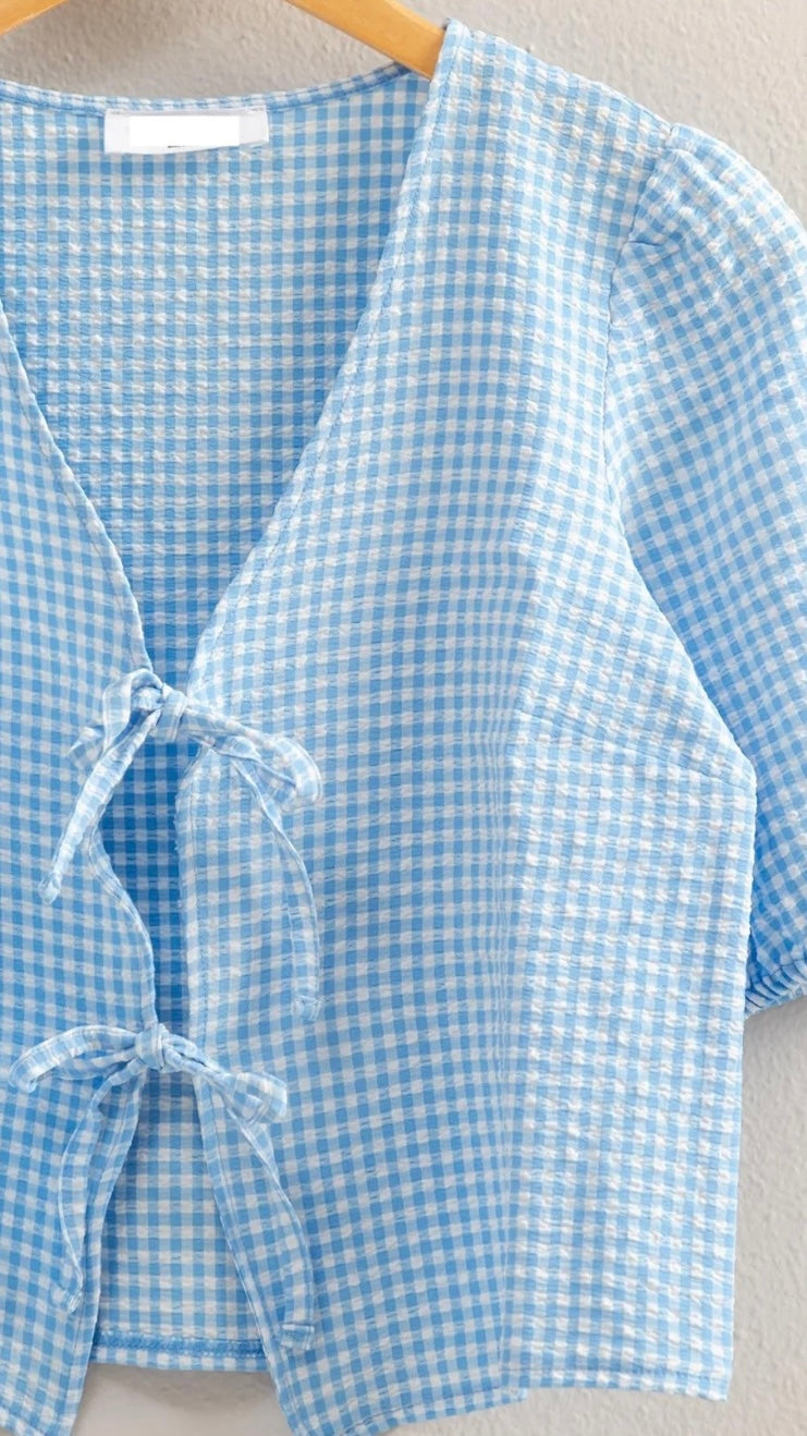 Blue Gingham Bow Top