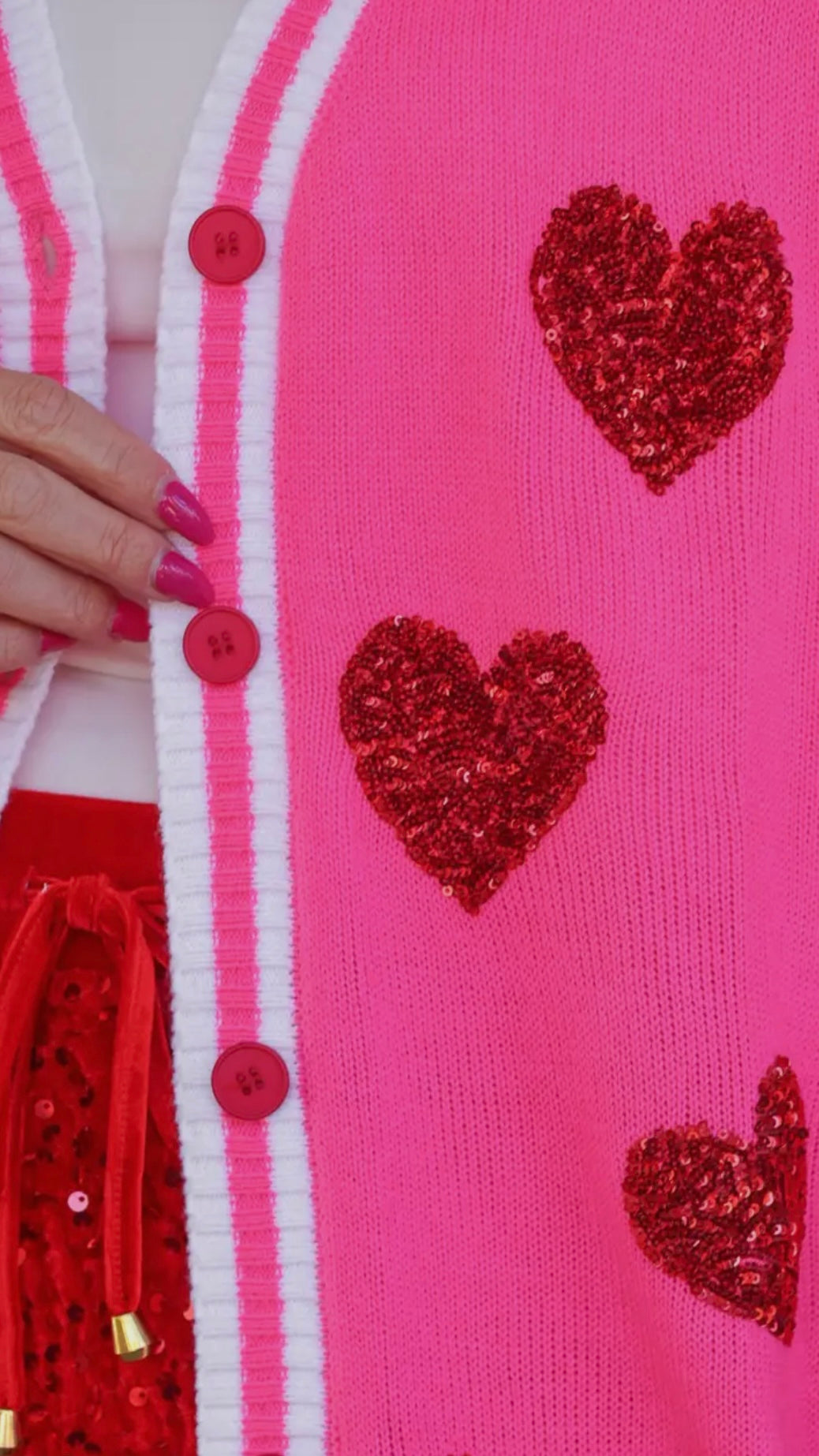 Happy Heart Sequin Cardi – Pink Valentine Cardigan