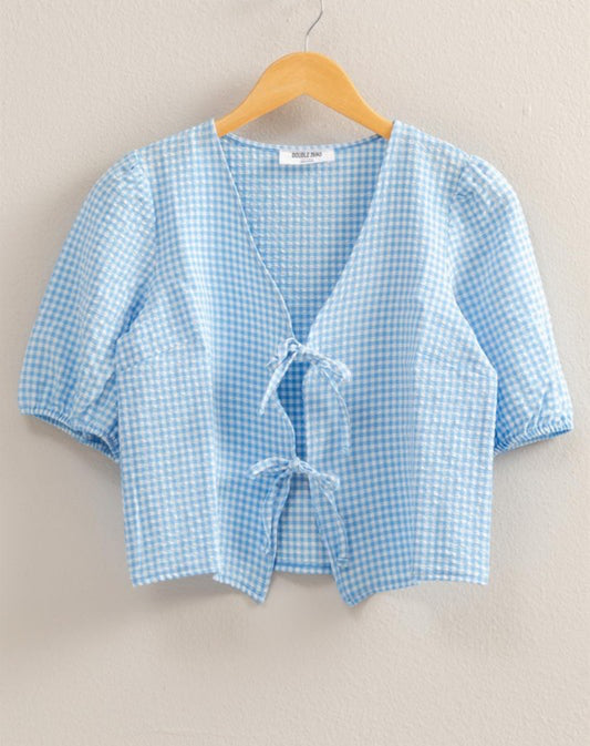 Blue Gingam Bow Top