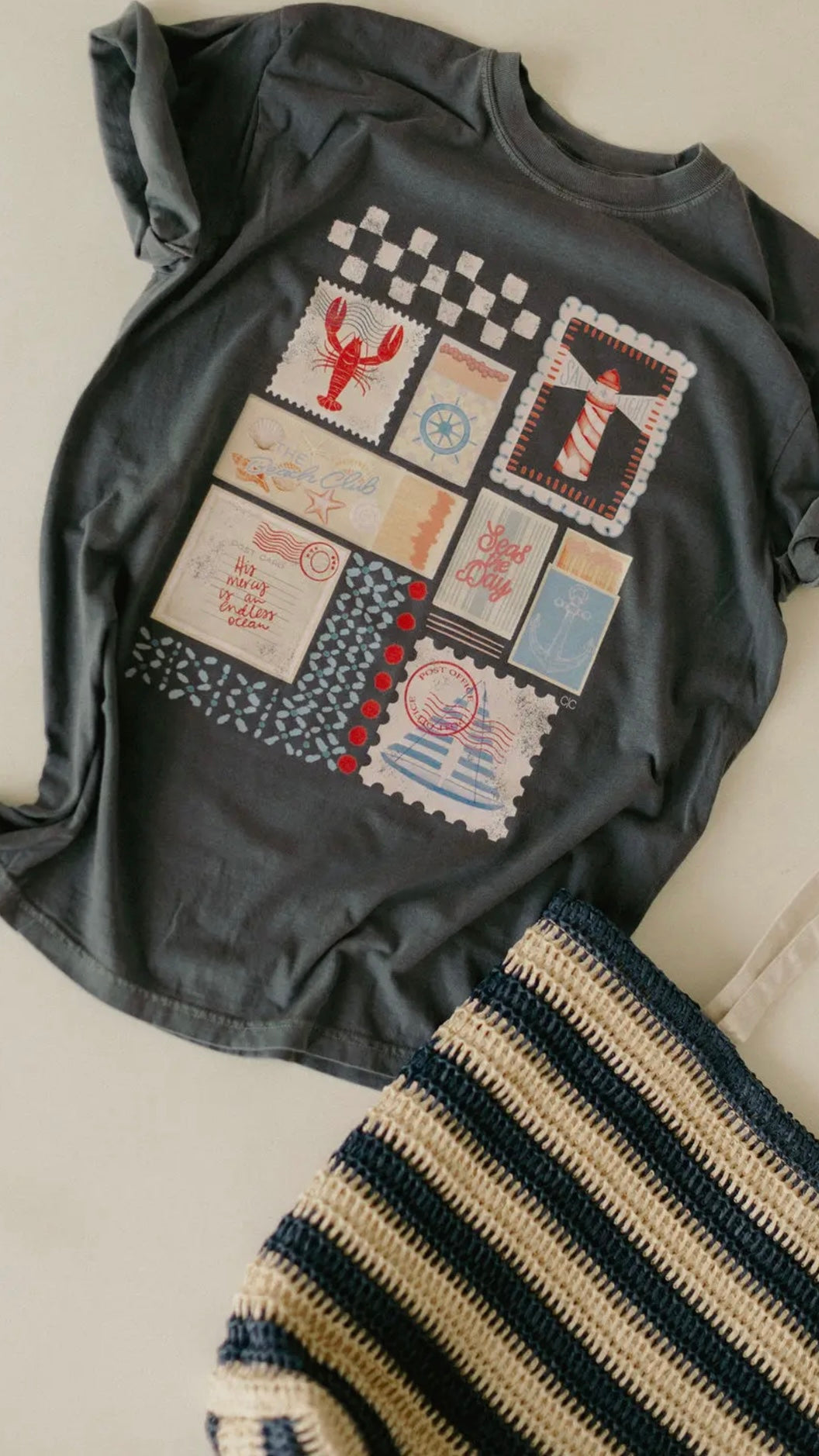 Seas the Day Coastal Graphic Tee – Vintage Postcard Beach T-Shirt (S–3XL)