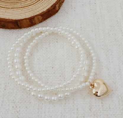 Pearl Beads Golden Heart Stretch Bracelet Set of 3