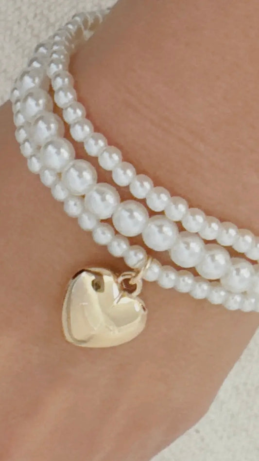 Pearl Beads Golden Heart Stretch Bracelet Set of 3