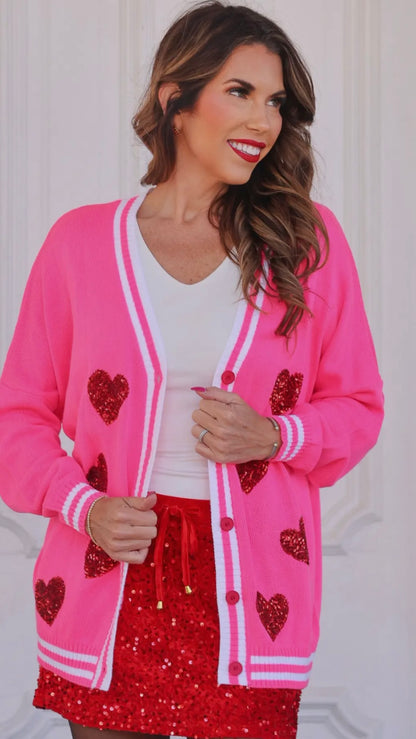 Happy Heart Sequin Cardi – Pink Valentine Cardigan