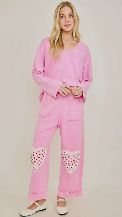 Bubblegum Pink Mineral Wash Heart Patch Cropped Pants