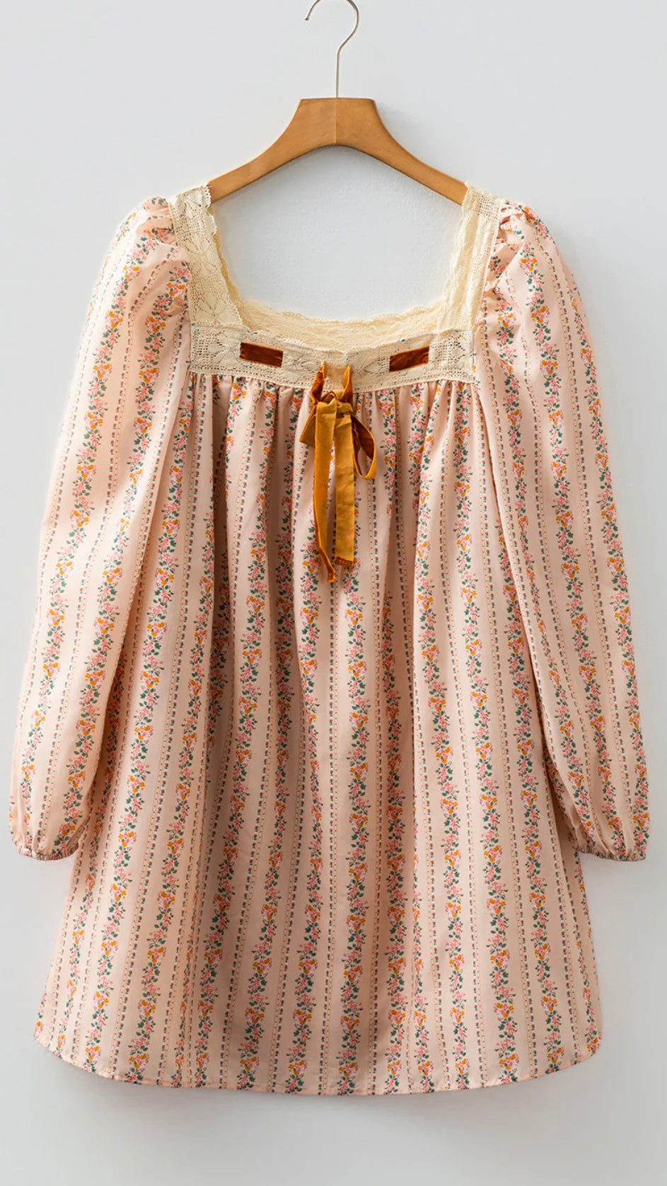 Velvet Bow Blossom Dress – Floral Long Sleeve Mini Dress with Lace Trim