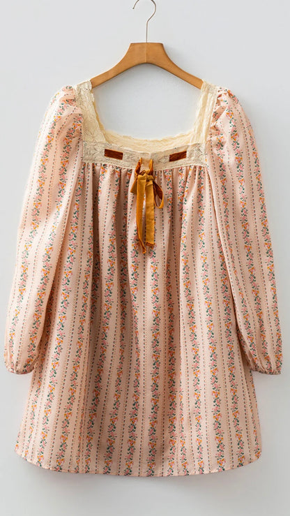 Velvet Bow Blossom Dress – Floral Long Sleeve Mini Dress with Lace Trim