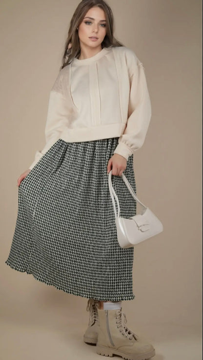 Green Houndstooth Midi Skirt