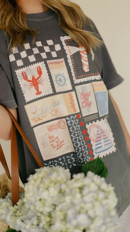 Seas the Day Coastal Graphic Tee – Vintage Postcard Beach T-Shirt (S–3XL)