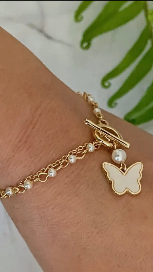 Layered Pearl Chain Butterfly Bracelet