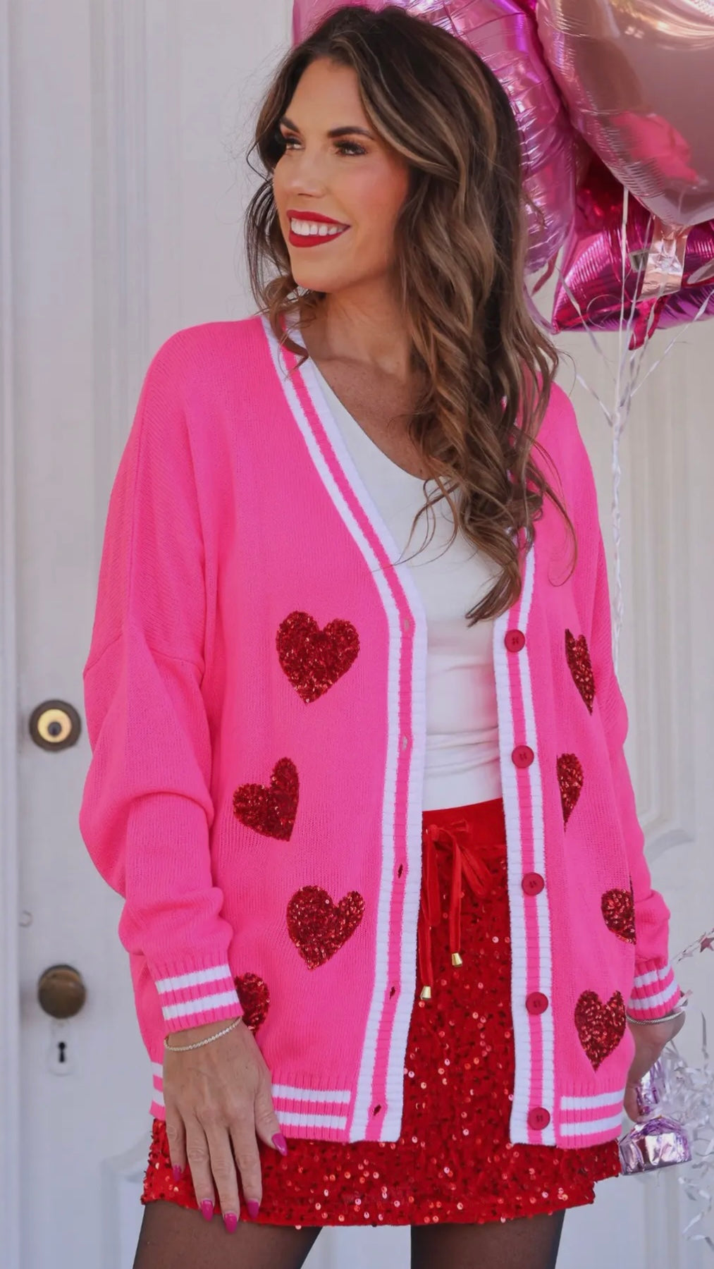 Happy Heart Sequin Cardi – Pink Valentine Cardigan