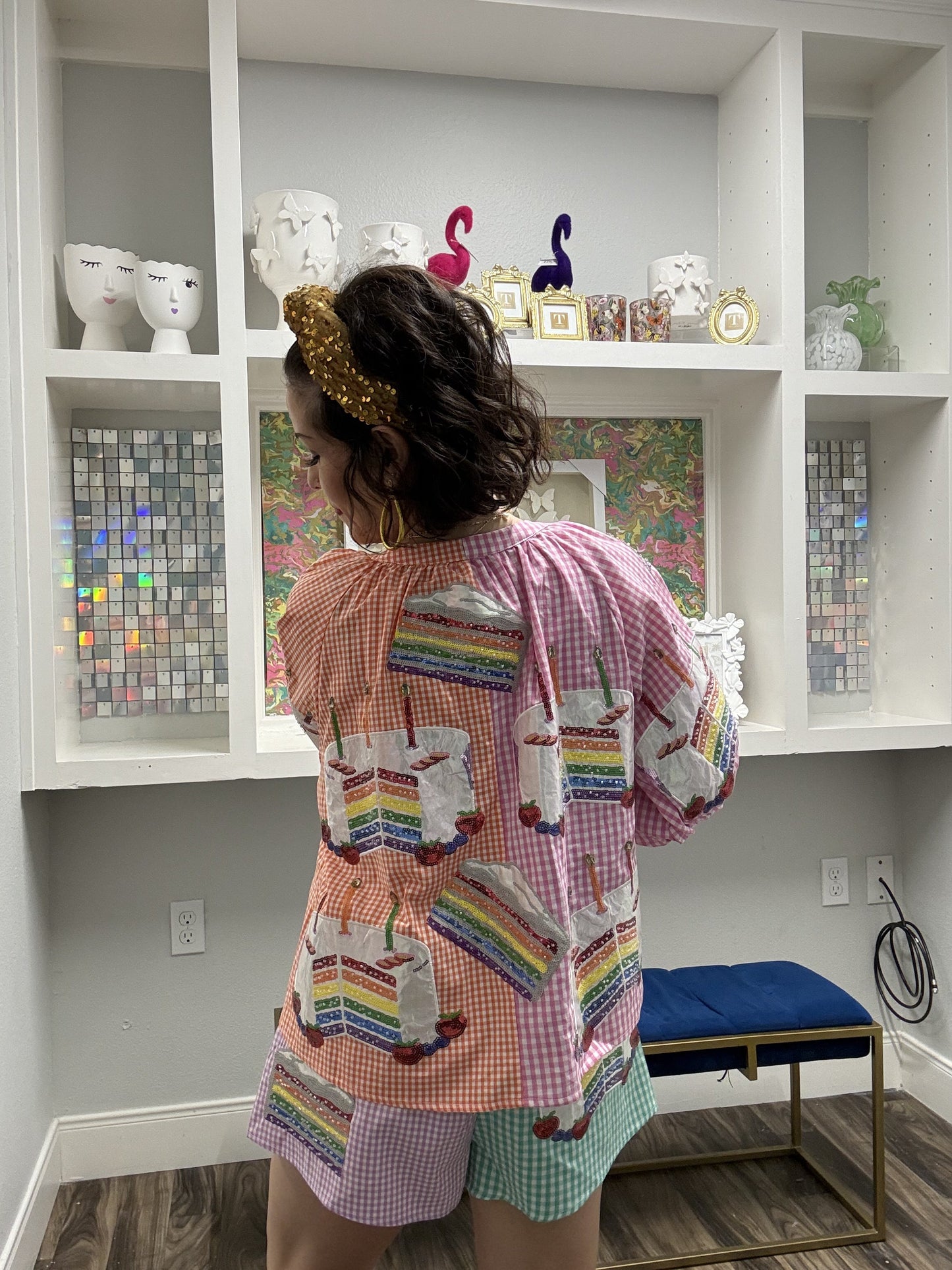 Queen of Sparkles Colorblock Gingham Rainbow Birthday Cake Button Up Top