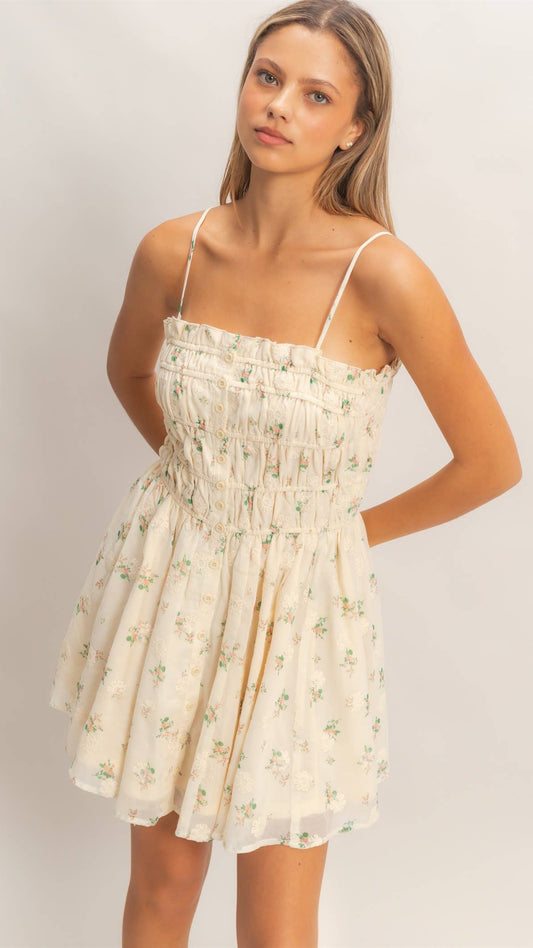 Shirred Floral Button-Front Mini