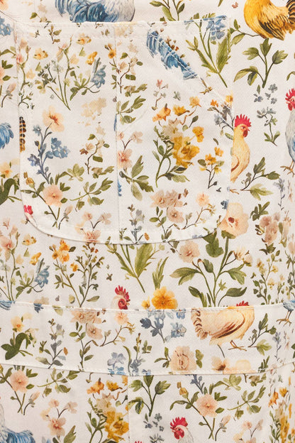 ROOSTER AND FLORAL PRINT OVERALLS