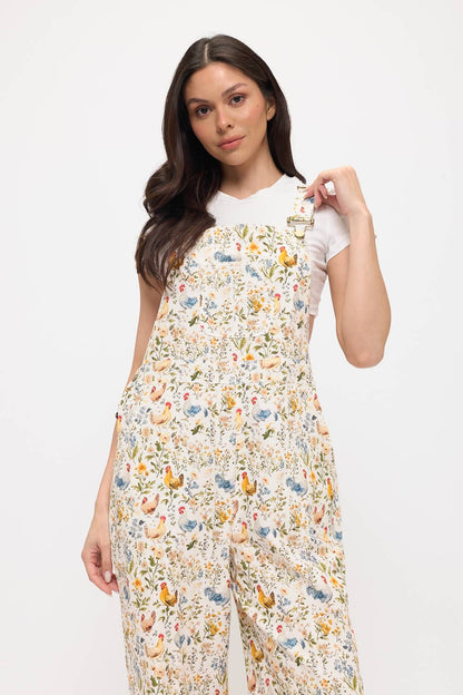 ROOSTER AND FLORAL PRINT OVERALLS