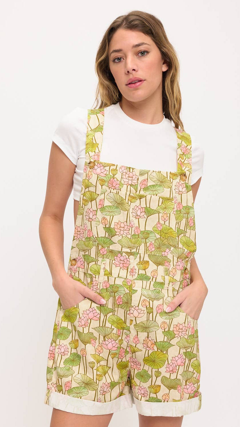 LOTUS FLOWER AND LILY PADS PRINT SHORTALLS