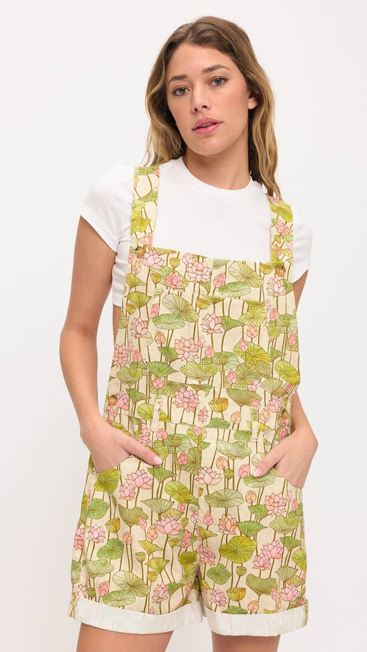 LOTUS FLOWER AND LILY PADS PRINT SHORTALLS