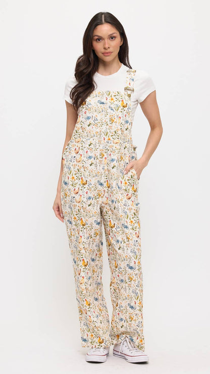 ROOSTER AND FLORAL PRINT OVERALLS