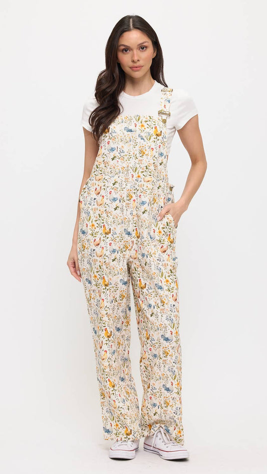 ROOSTER AND FLORAL PRINT OVERALLS